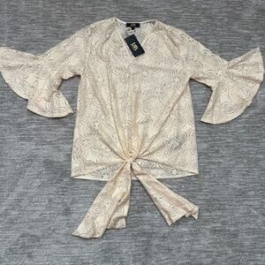 Lucky & Blessed Top Womens Large Beige Tan Lace Tie Western Boho Festival
